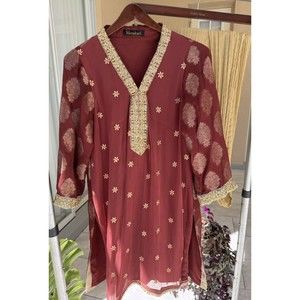 Menakari Kurta Maroon Embroidered Chiffon + Banarsi With Chiffon Dupatta -Size S